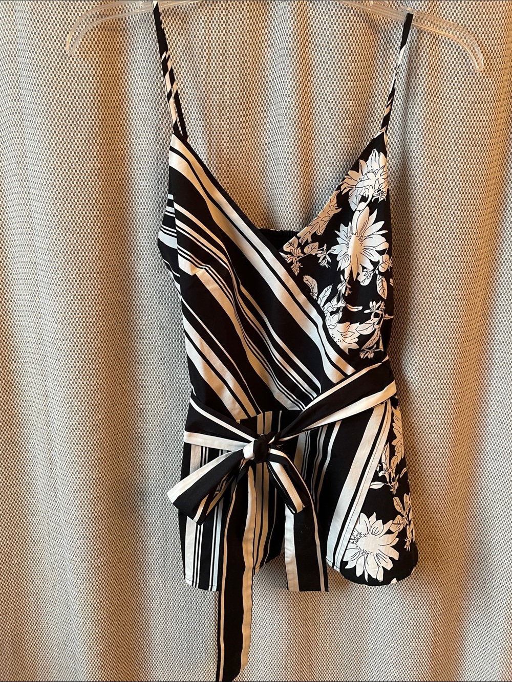 White House Black Market Black & White Wrap Floral-Stripe Cami